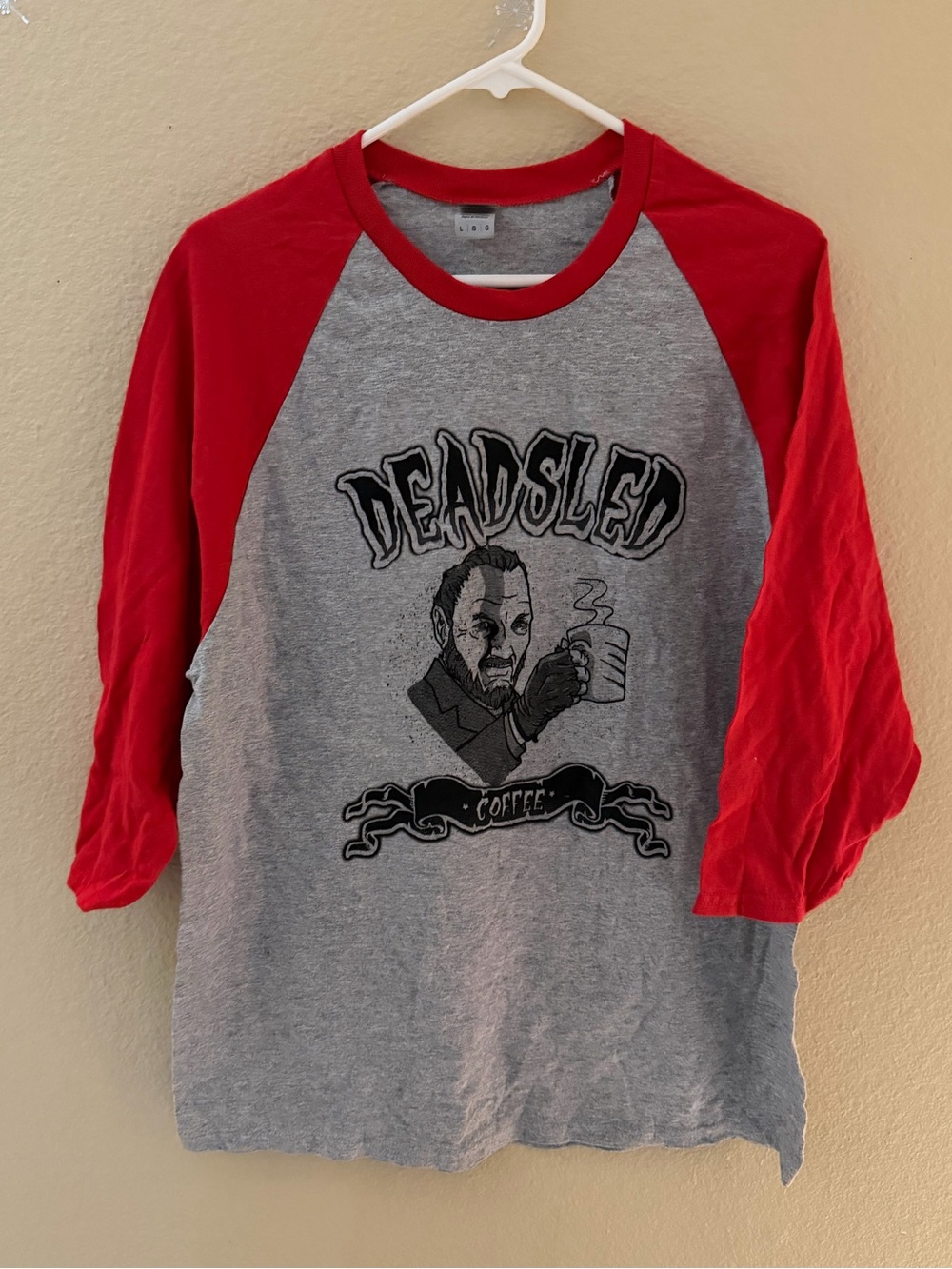 Red & Gray Raglan Tee with 'Deadsled Coffee' Graphic